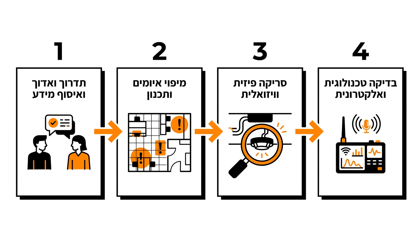 שלבי בדיקת אבטחה משרדית לאיתור ציוד האזנה ומצלמות